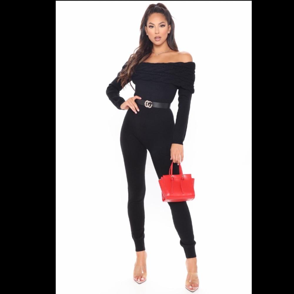 Fashion Nova Off Shoulder Black Knit Jumpsuit NEW